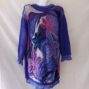 Women's Sweater tunic Hand Knitted Crocheting Size L-XL silk cotton merino wool